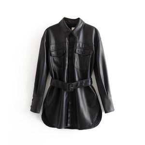 Sleek Black Leather Belted Jacket